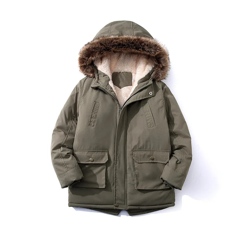 Kids Plush Hooded Padded Jacket - Medium Length Winter Coat