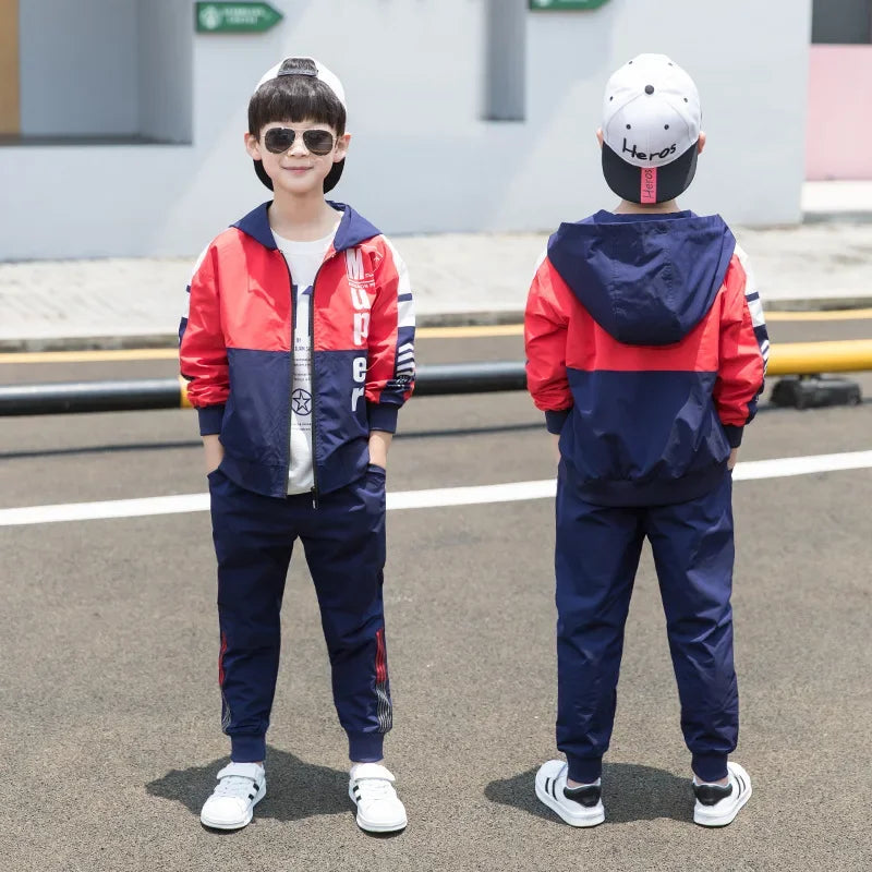 Teen Boys Hooded Tracksuit Set - Zipper Jacket and Striped Pants