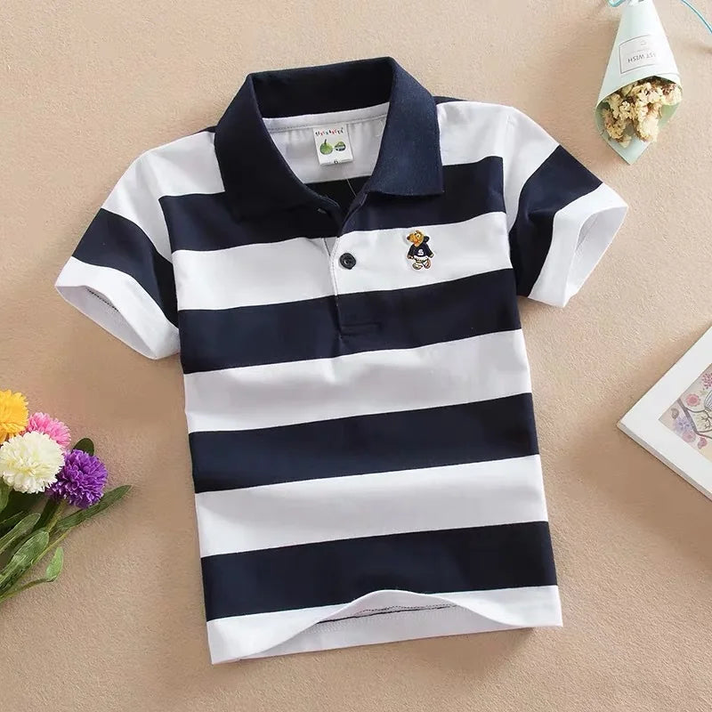 Boys Printed Polo Shirt - Cotton Blend Short Sleeve Lapel Top
