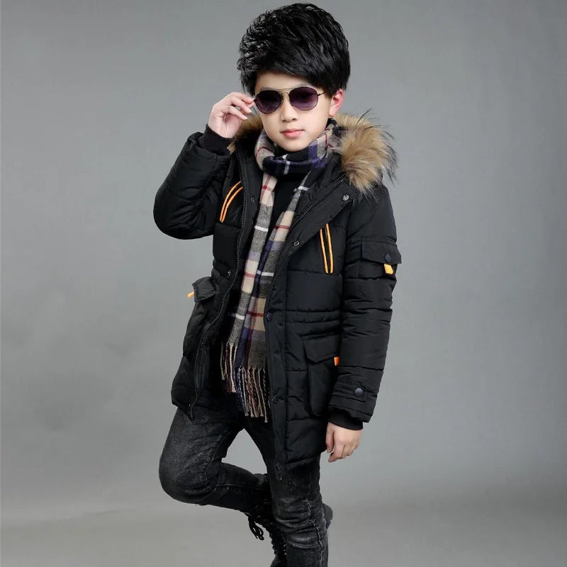 Kids Plush Hooded Padded Jacket - Medium Length Winter Coat