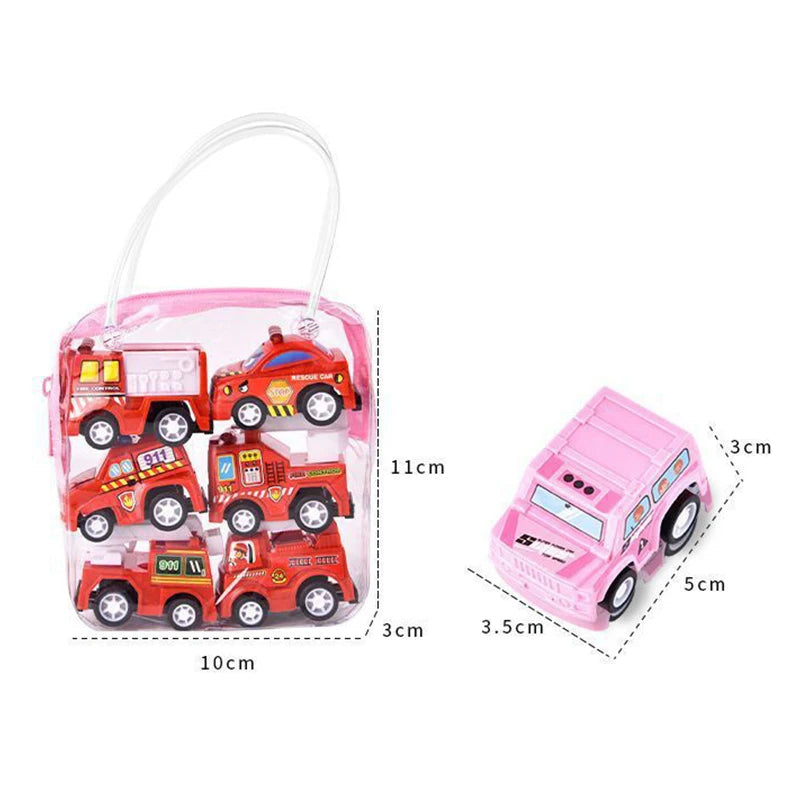 6-Piece Pull Back Car Model Set - Fire Truck Taxi Mini Vehicles