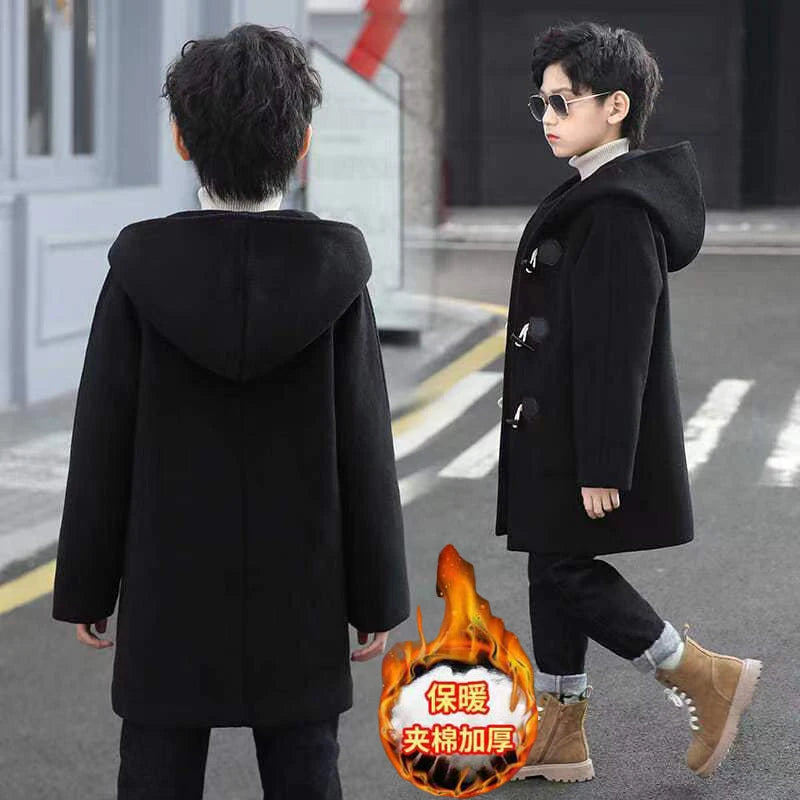 Boys Hooded Wool Coat - Single Breasted Winter Parka