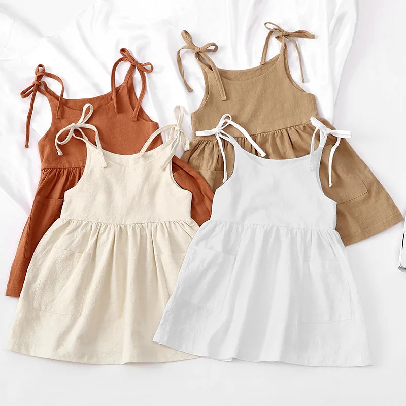 Girls Solid Suspender Summer Dress - Pocket Casual Style