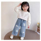 Girls Diamond Bow Straight Leg Jeans - Loose Denim Trousers