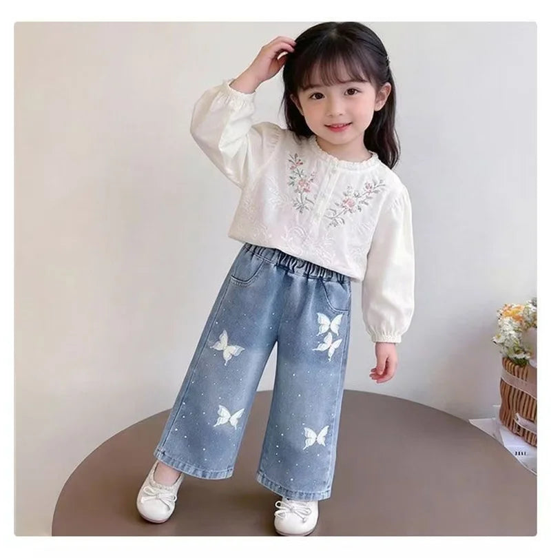 Girls Diamond Bow Straight Leg Jeans - Loose Denim Trousers