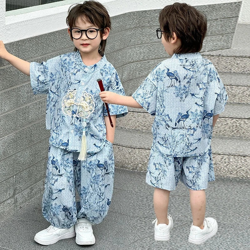 Boys Tang Style Hanfu Set - Short Sleeve Two-Piece Summer Outfit
