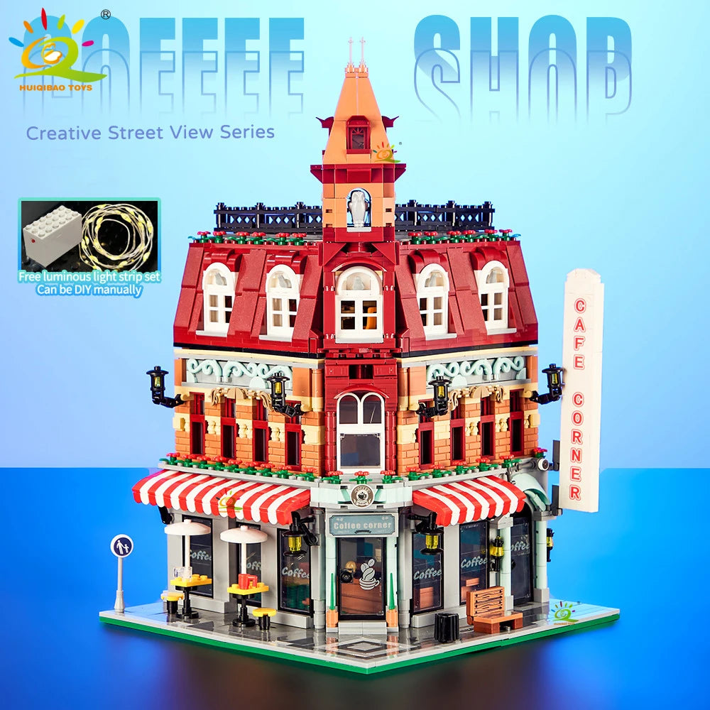 City Corner Coffee Shop Micro Blocks - Street View Architecture Set