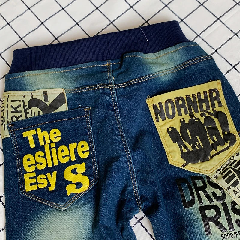 Kids Skinny Denim Trousers - Elastic Waist Sports Bottoms