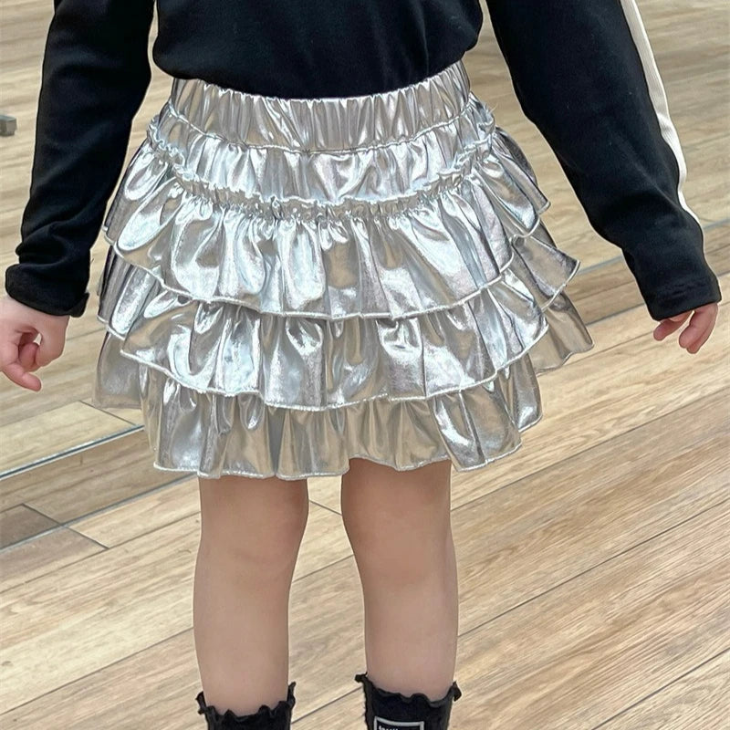Girls Shiny Metallic Layered Tulle Mini Skirt