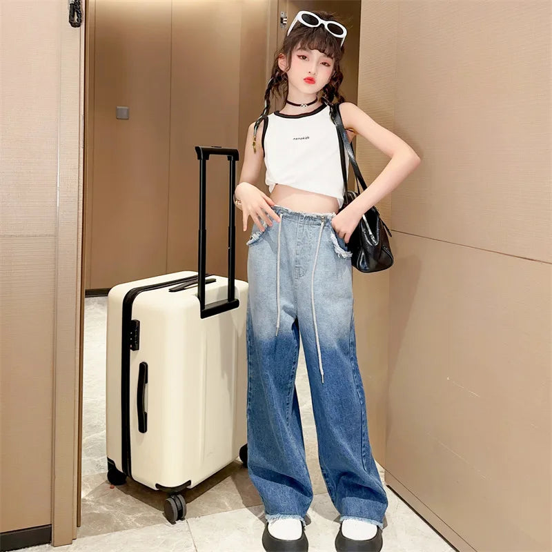 Girls Gradient Wide Leg Jeans and Sleeveless Vest Set