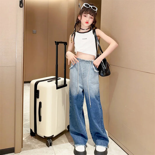Girls Gradient Wide Leg Jeans and Sleeveless Vest Set