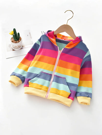 Girls Rainbow Stripe Hooded Jacket - Zipper Pocket Style