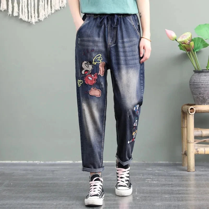 Girls Cartoon Patch Pocket Elastic Waist Harem Jeans