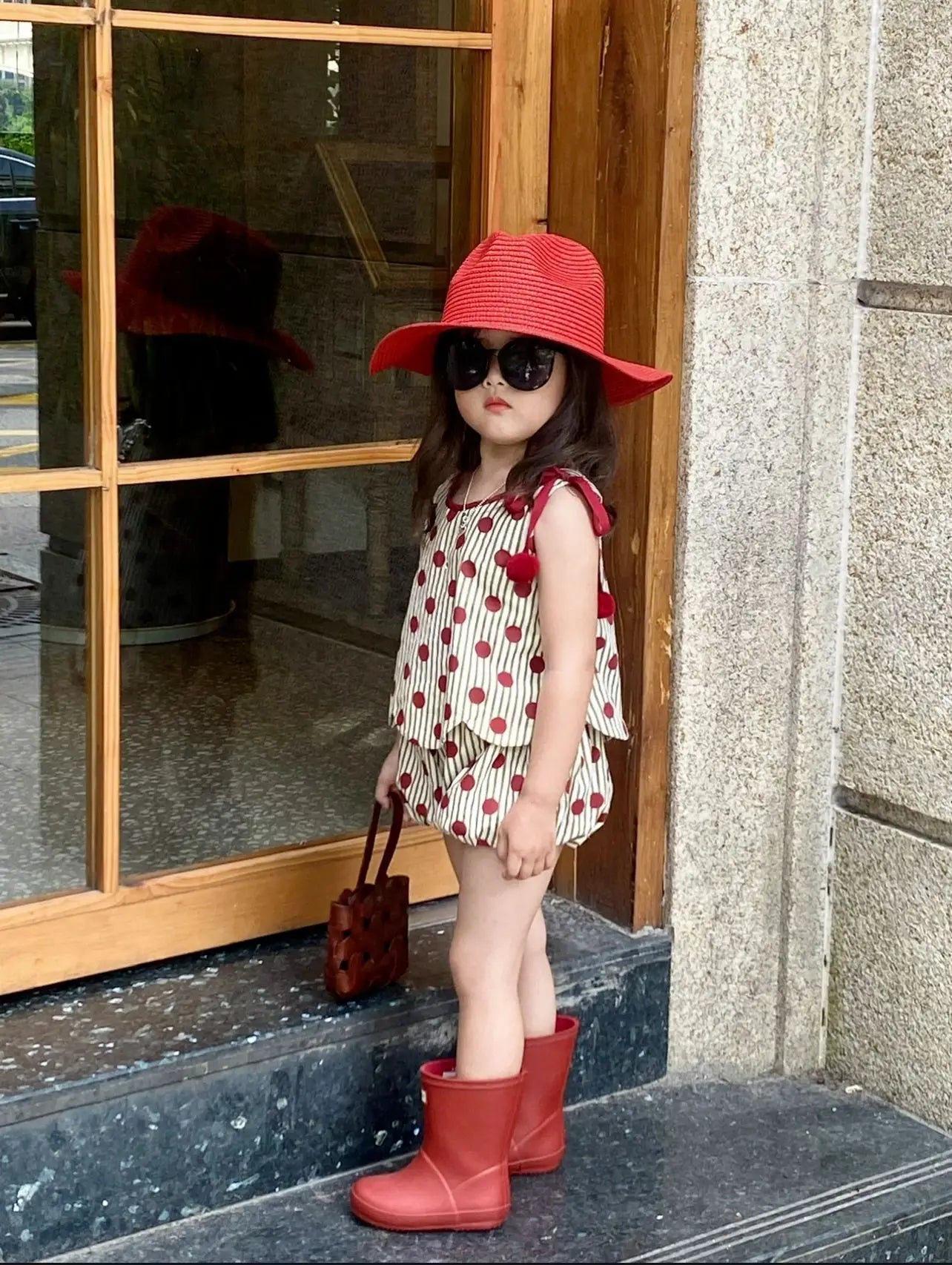 Girls Dot Suspender Shorts Set - Summer Two Piece Outfit