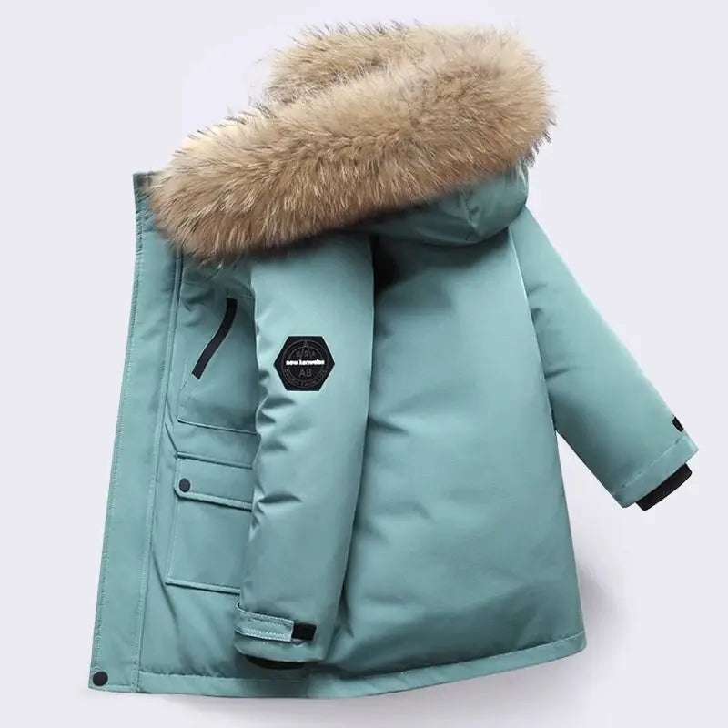 Kids Hooded Fur Collar Winter Jacket - Thick Warm Outerwear