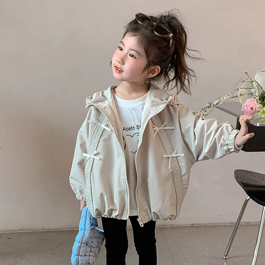 Teen Girls Bow Hooded Windbreaker - Long Sleeve Zip Jacket