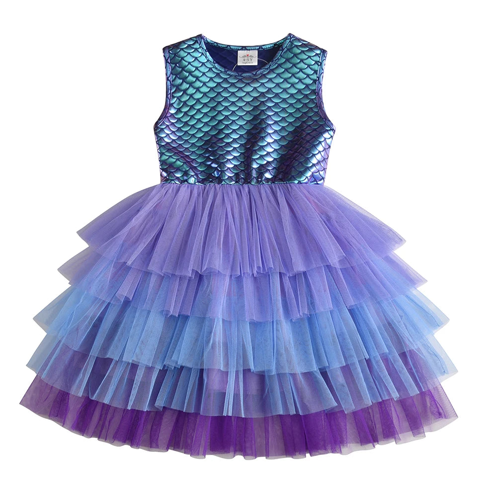 Girls Mermaid Print Sleeveless Tutu Dress - Summer Party