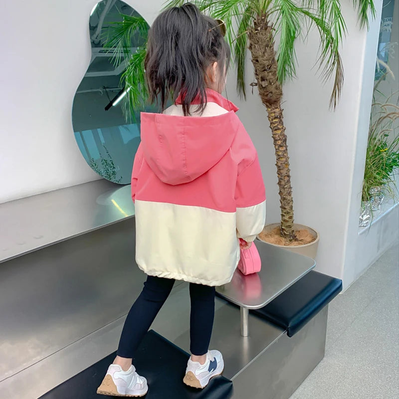 Girls Spliced Zipper Hooded Jacket - Spring Autumn Windbreaker