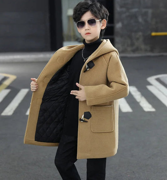 Boys Hooded Wool Coat - Single Breasted Winter Parka