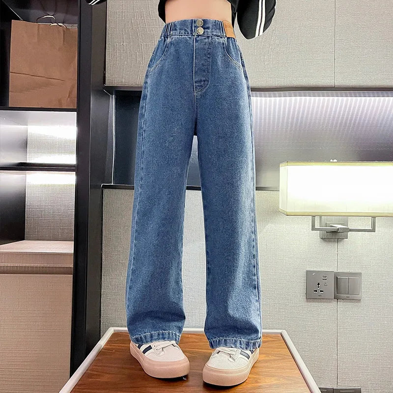 Girls Vintage Wide Leg Denim Pants - Solid Casual Trousers