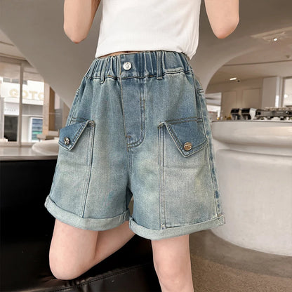 Girls Loose Fit Stretch Denim Shorts with Faux Flap Pockets