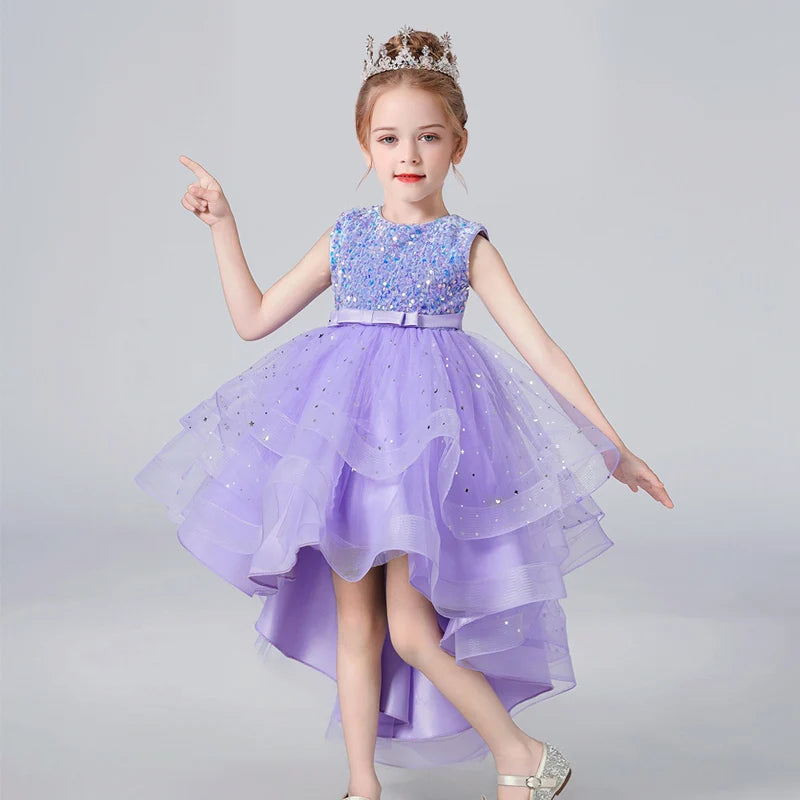 Girls Sequin Lace Sleeveless Wedding Dress - Fluffy Mesh Style