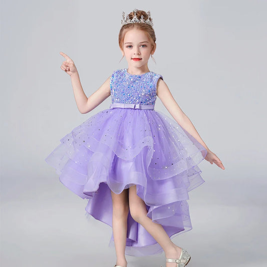 Girls Sequin Lace Sleeveless Wedding Dress - Fluffy Mesh Style