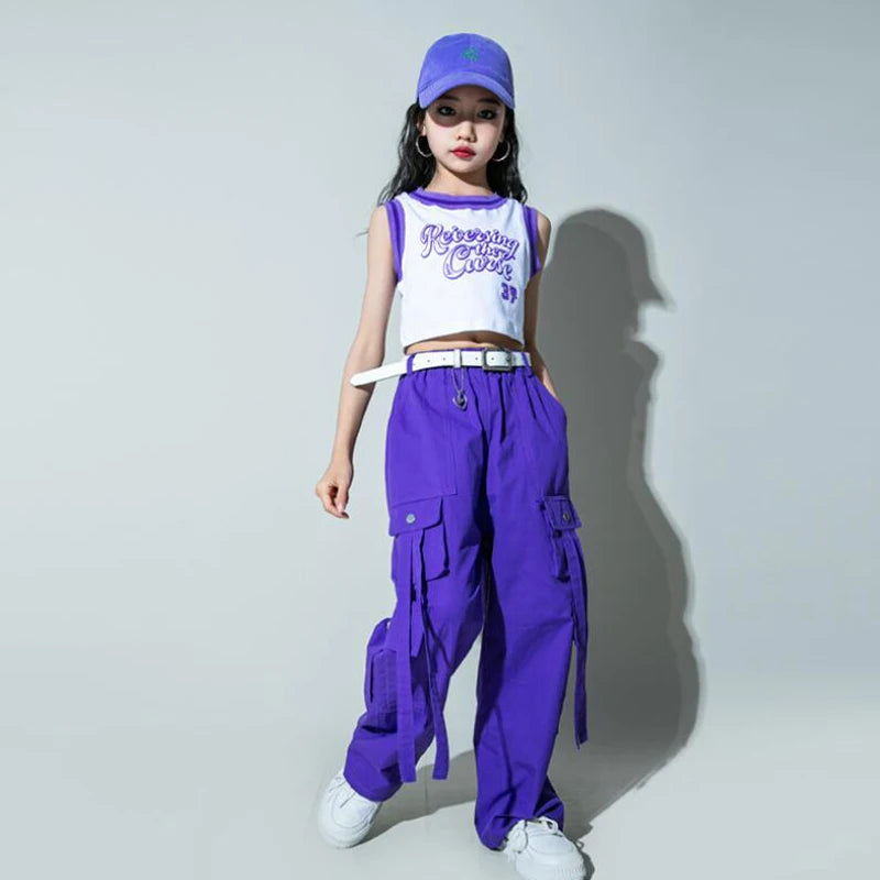 Girls Purple Hip Hop Jogger Set - Jazz Dance Outfit