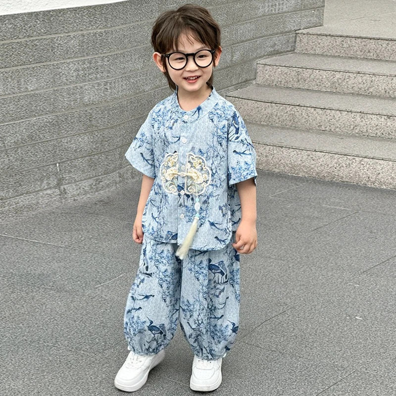 Boys Tang Style Hanfu Set - Short Sleeve Two-Piece Summer Outfit