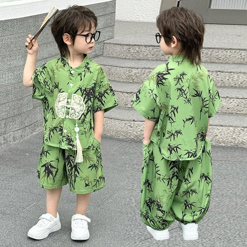 Boys Tang Style Hanfu Set - Short Sleeve Two-Piece Summer Outfit