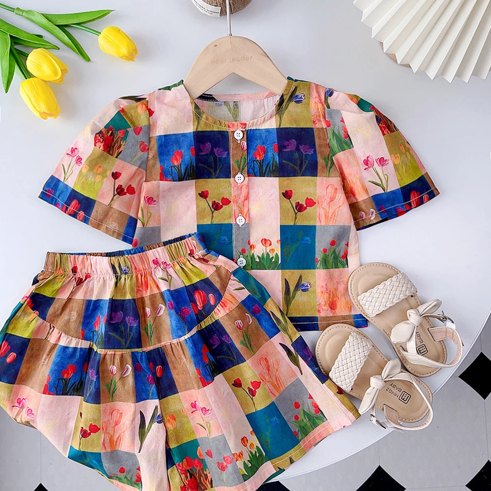 Girls Bubble Sleeve Shirt and Wide Leg Pants Set