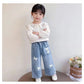 Girls Diamond Bow Straight Leg Jeans - Loose Denim Trousers