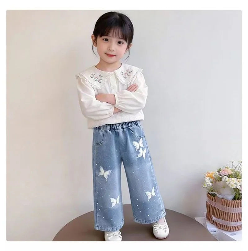 Girls Diamond Bow Straight Leg Jeans - Loose Denim Trousers