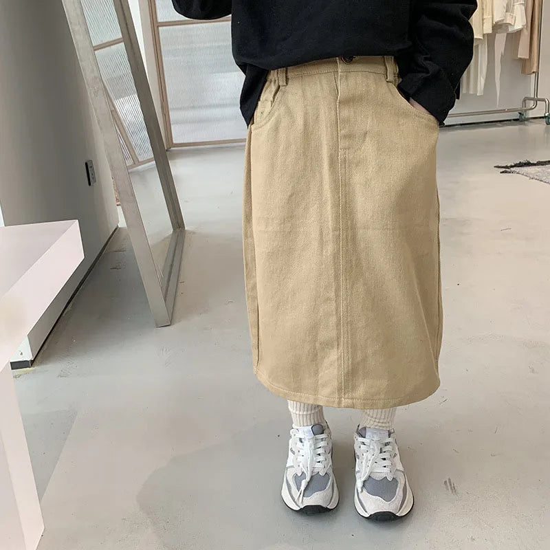 Girls Korean Style Mid Length A-Line Pocket Skirt