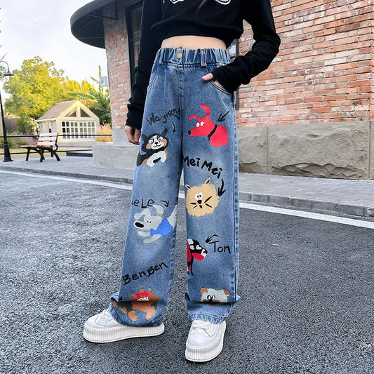 Girls Cartoon Print Elastic Waist Wide Leg Jeans