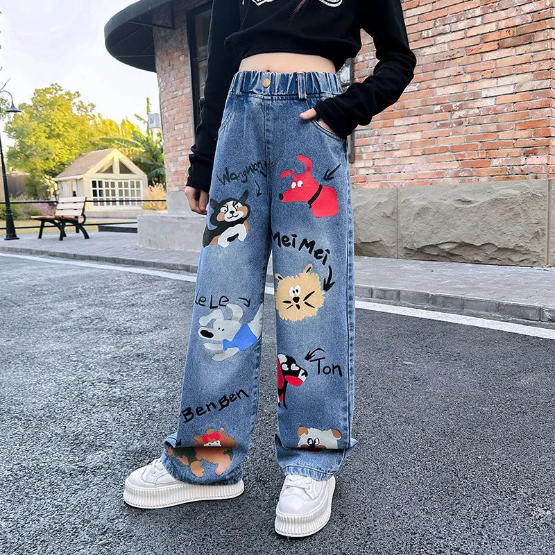 Girls Cartoon Print Elastic Waist Wide Leg Jeans