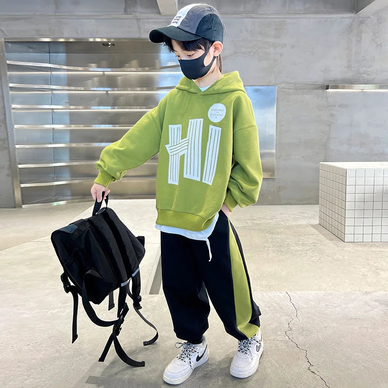Boys Hooded Sweatshirt Suit - Casual Two-Piece Top and Pants Set
