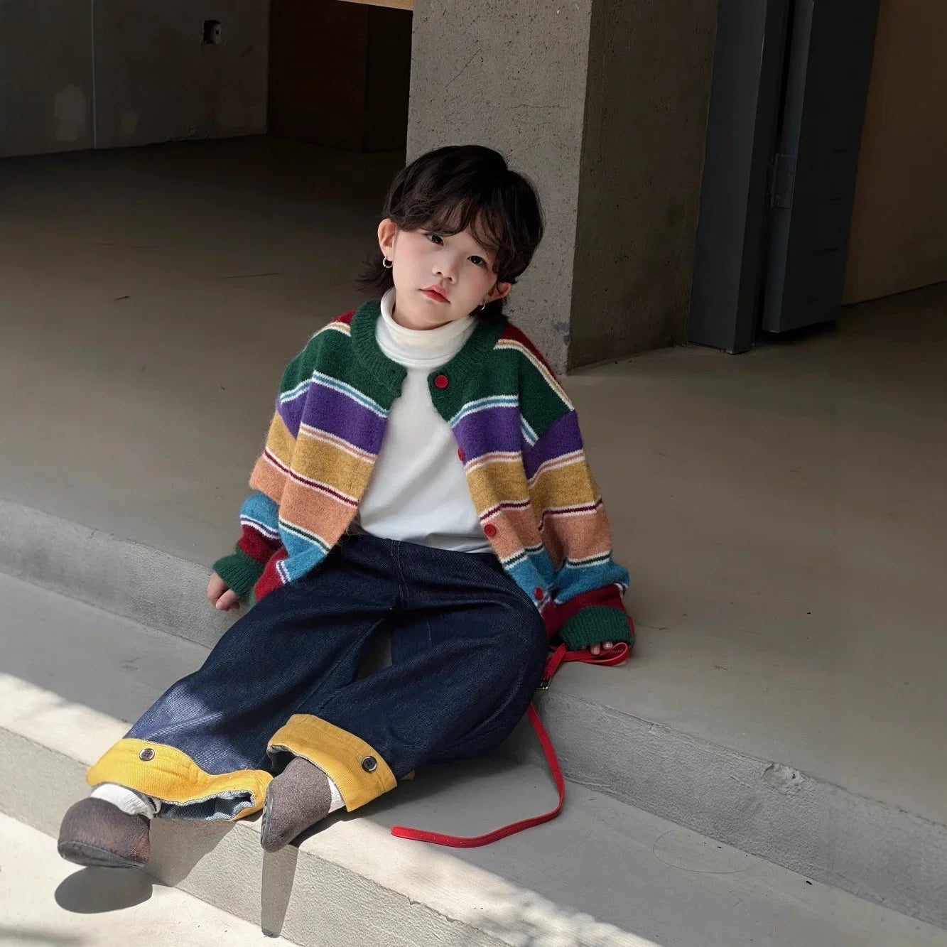Boys Striped Knit Cardigan - Retro Rainbow Autumn Sweater