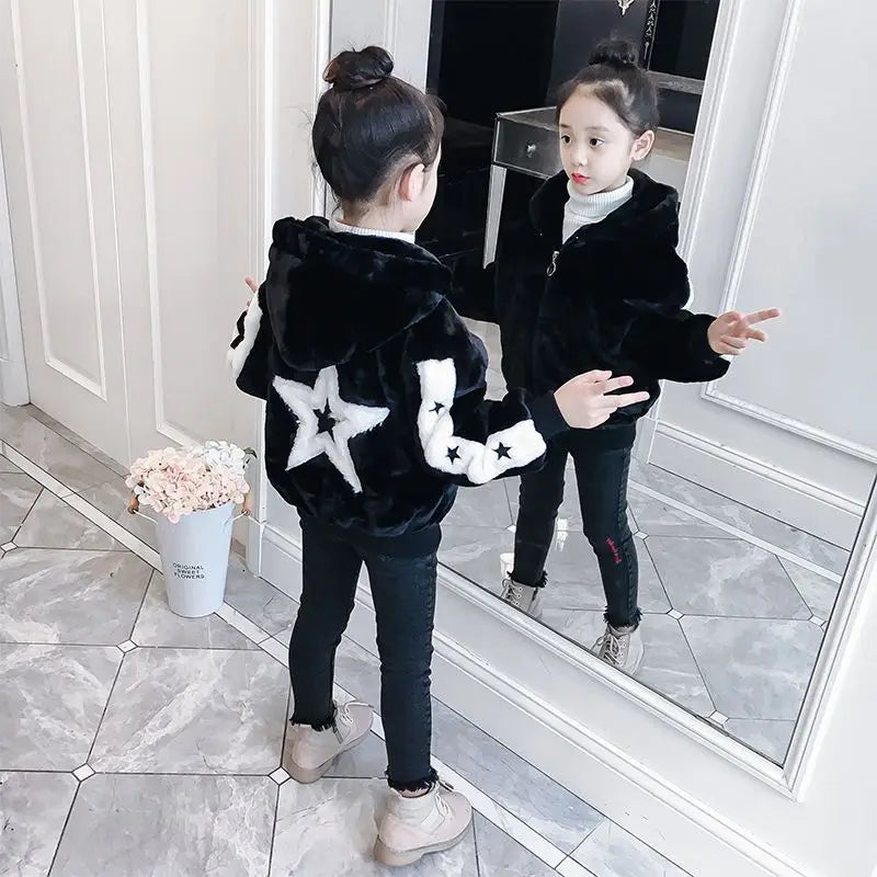Girls Corduroy Hooded Winter Jacket - Plus Velvet Warm Coat