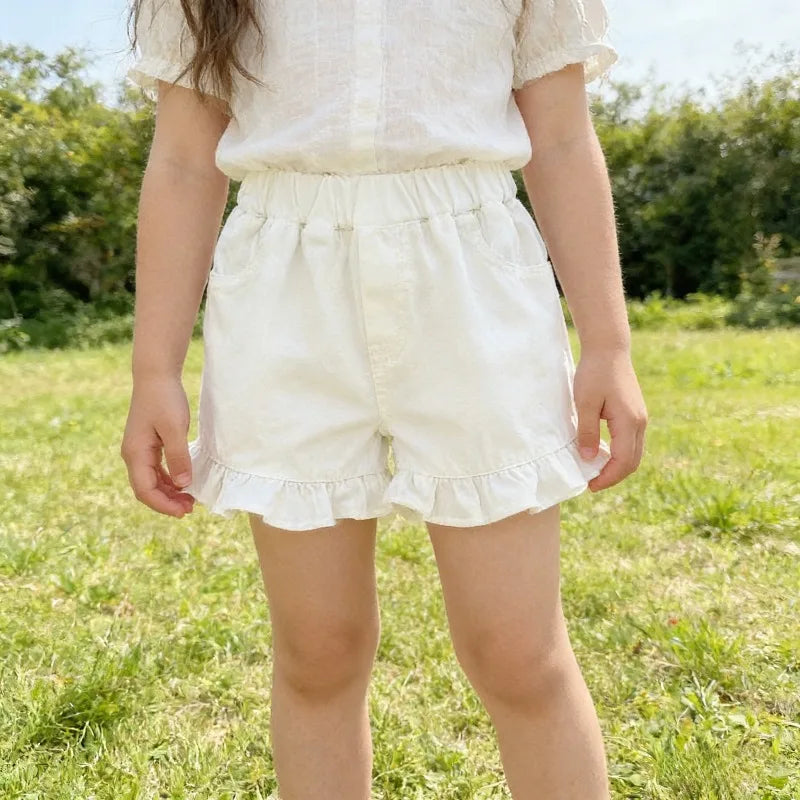 Girls Ruffled Trim Soft Denim Shorts