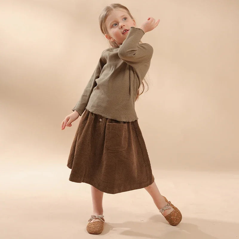 Girls Corduroy Elastic Waist Cotton Skirt