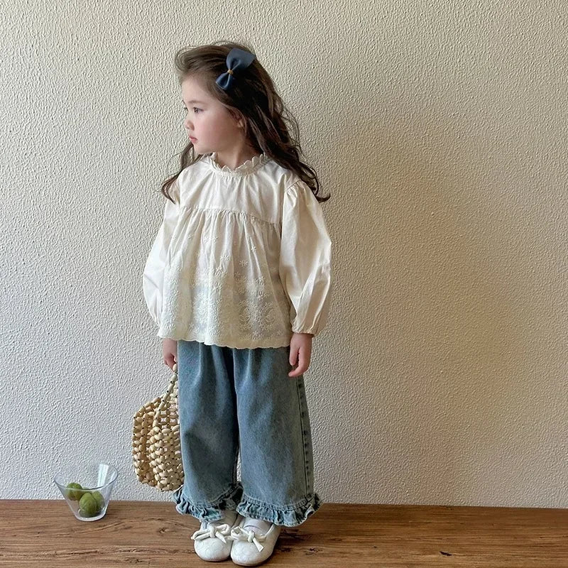 Girls Lace Wide Leg Jeans - Sweet Casual Denim Pants