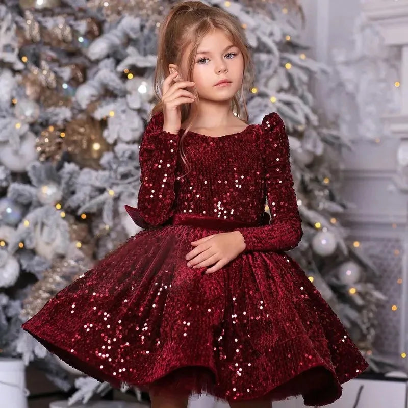Baby Girls Long Sleeve Christmas Sequin Dress - Vintage Bow Gown