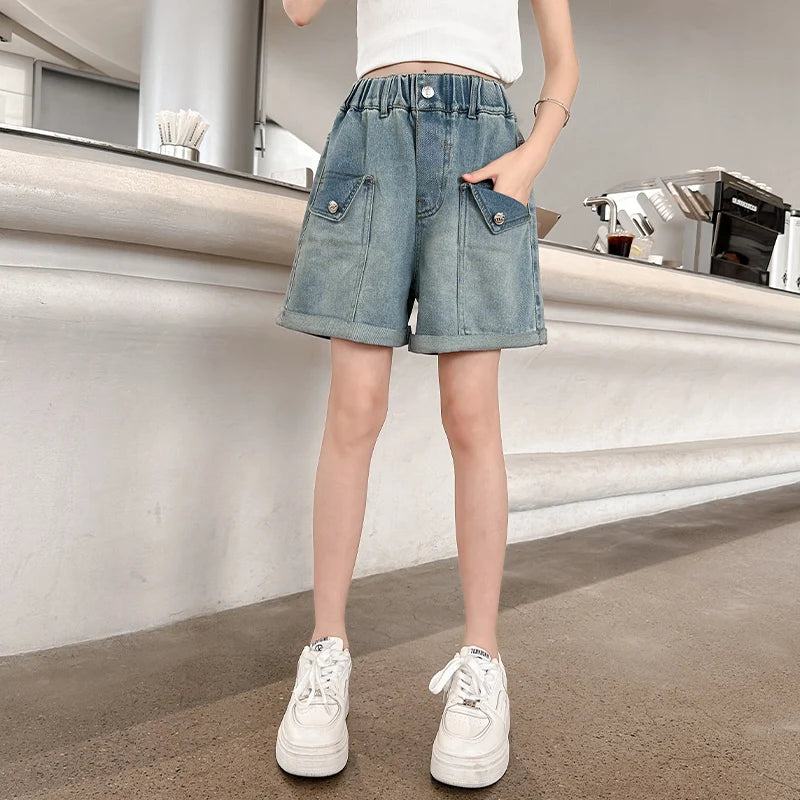 Girls Loose Fit Stretch Denim Shorts with Faux Flap Pockets