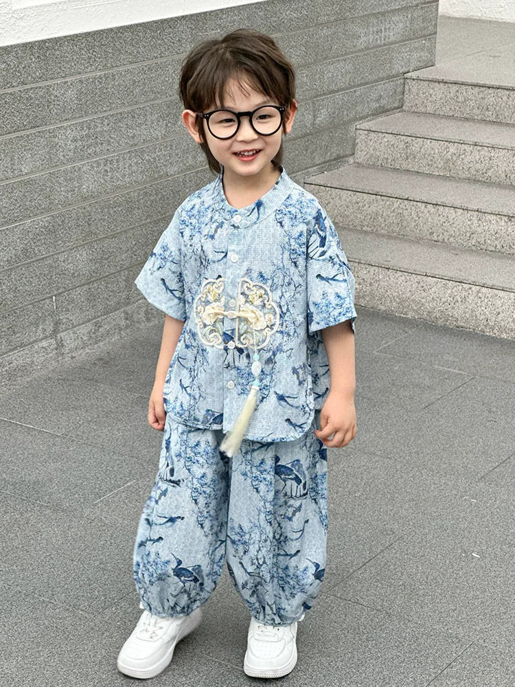 Boys Tang Style Hanfu Set - Short Sleeve Two-Piece Summer Outfit