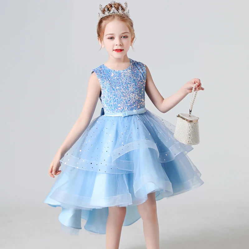 Girls Sequin Lace Sleeveless Wedding Dress - Fluffy Mesh Style