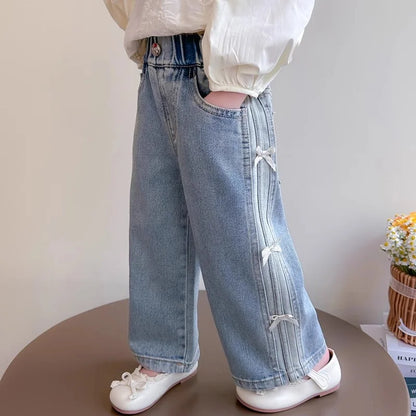 Girls Diamond Bow Straight Leg Jeans - Loose Denim Trousers