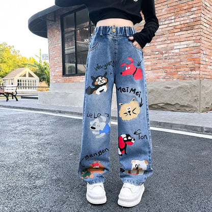 Girls Cartoon Print Elastic Waist Wide Leg Jeans