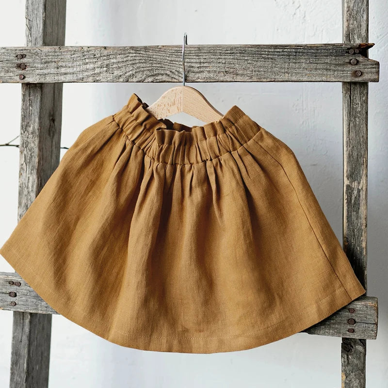 Girls Cotton Linen Elastic Waist Midi Skirt