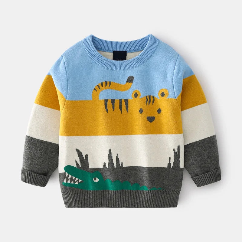 Kids Cartoon Animal Striped Sweater - Winter Knit Top